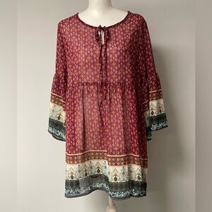 Teenbull Scarfprint Med Loose Fit Cottagecore Flare Sleeve Tie Front Sheer Top